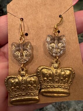 Gold Crown Cat Earrings - Clear Cat Head and Gold Crown Dangle